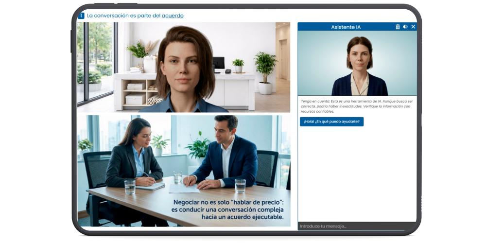 interfaz de plataforma de cursos formativos con asistente IA